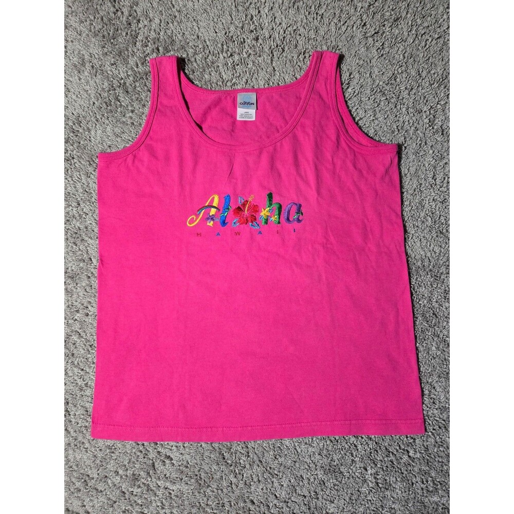 Cotton On VTG Aloha Hawaii Tank Top Size Large Floral Pink Colorful Stitched